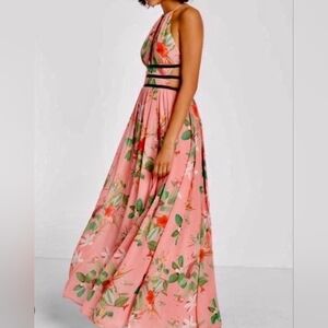 Express Pink Floral Halter Strappy Cutout Waistline Tie Back Maxi Dress